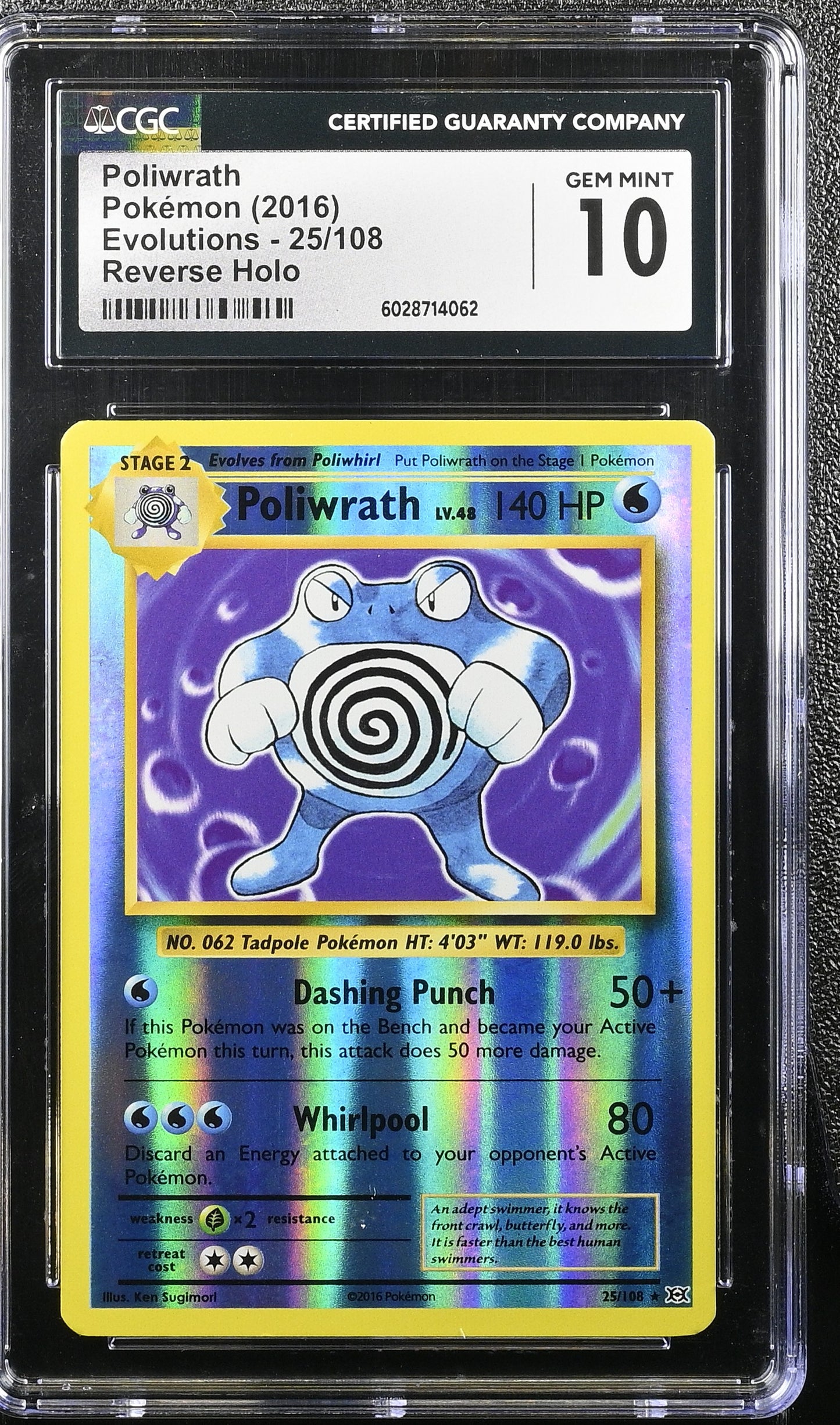 CGC 10 Gem Mint Poliwrath 25/108 Evolutions Reverse Holo Pokemon Graded Card