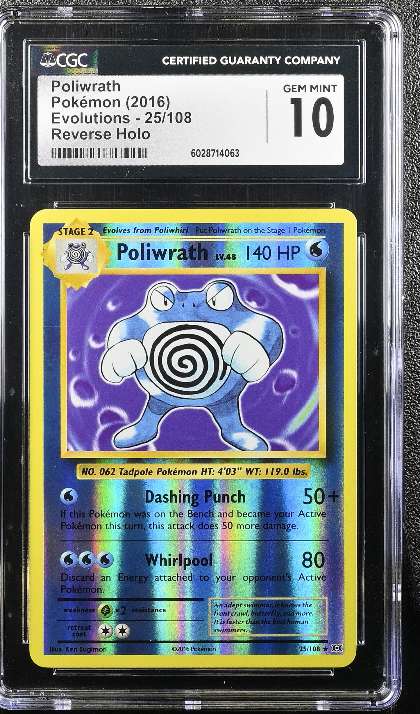 CGC 10 Gem Mint Poliwrath 25/108 Evolutions Reverse Holo Pokemon Graded Card
