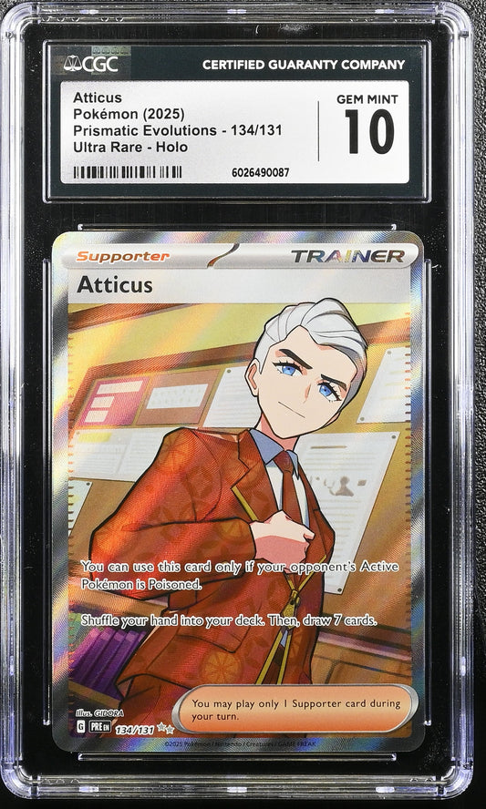 CGC 10 Gem Mint Atticus 134/131 Sv: Prismatic Evolutions Holo Graded Card