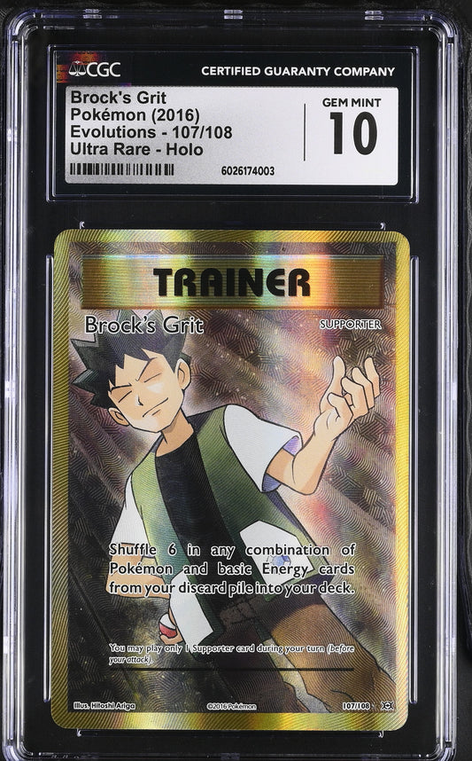 CGC 10 Gem mint Brock's Grit (Full Art) 107/108 Evolutions Holo Pokemon Graded