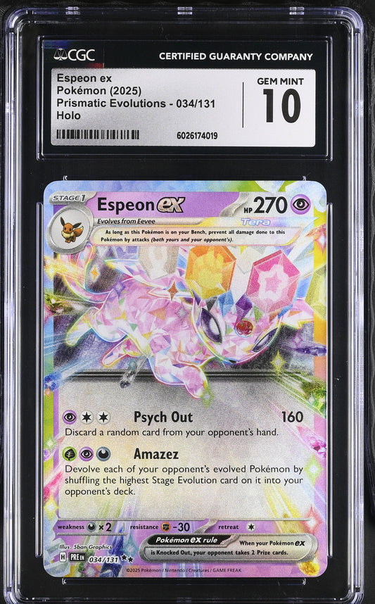 CGC 10 Gem Mint Espeon ex 034/131 Sv: Prismatic Evolutions Holo Graded Card