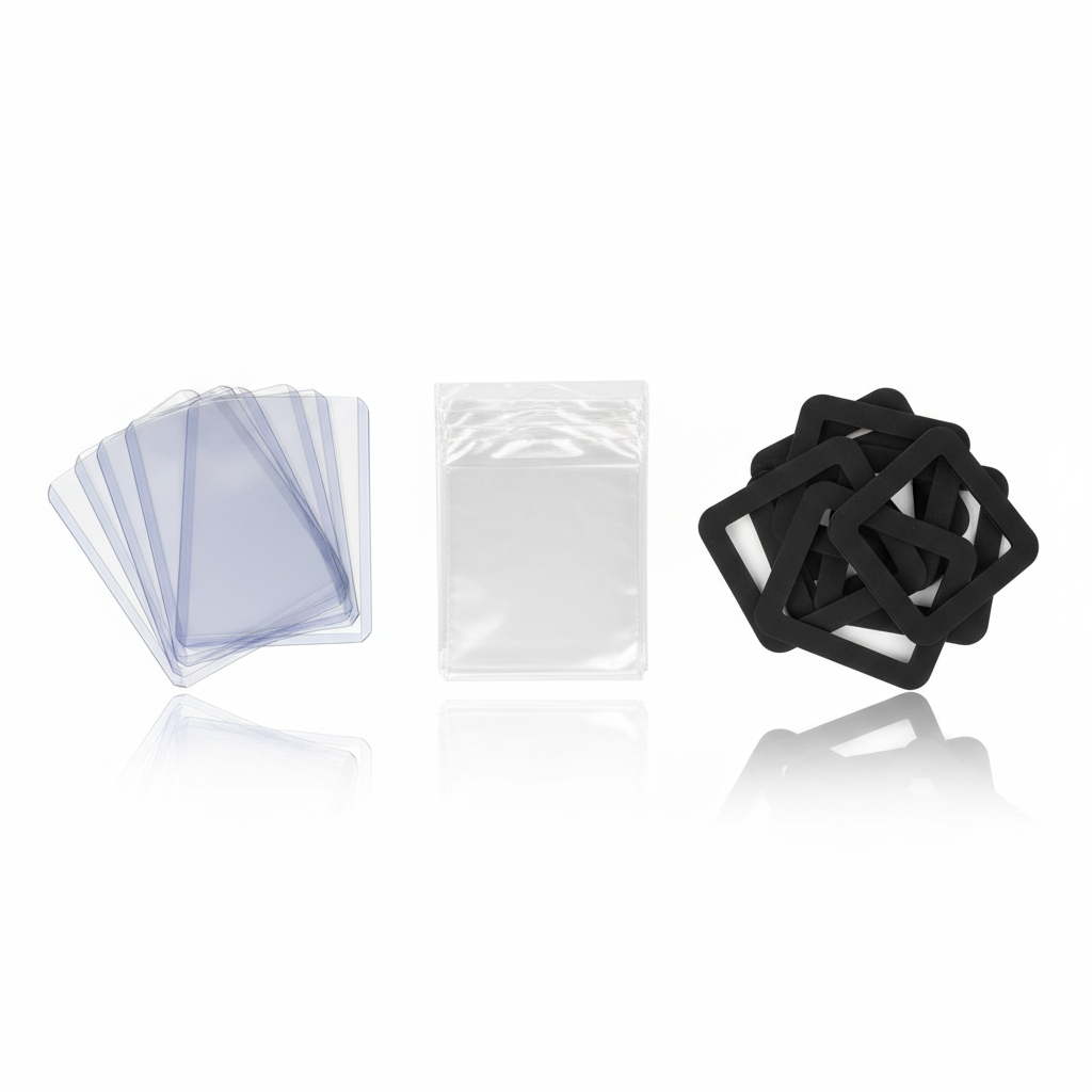 Ultimate card protection bundle with penny sleeves, toploaders, and PSA slab bumpers